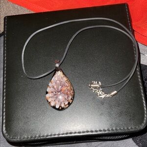 Chic Teardrop Floral Necklace in Purple and Silver - handblown pendant